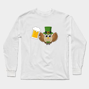 Cute Owl Drinking Beer Funny St Patrick's Day Cartoon Long Sleeve T-Shirt